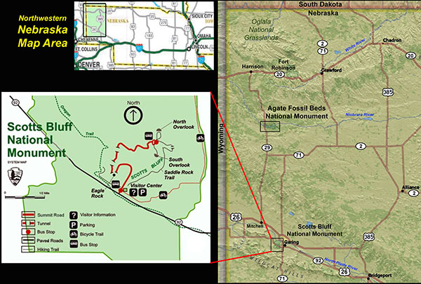 Map showing the location of Scotts Bluff National Monument in northwestern Nebraska.